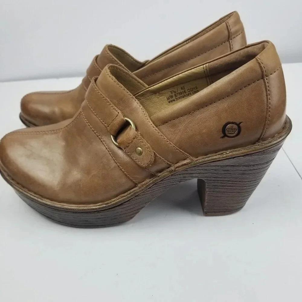 Born Platform Women's  Leather Tan Clogs Sz 8.5/40